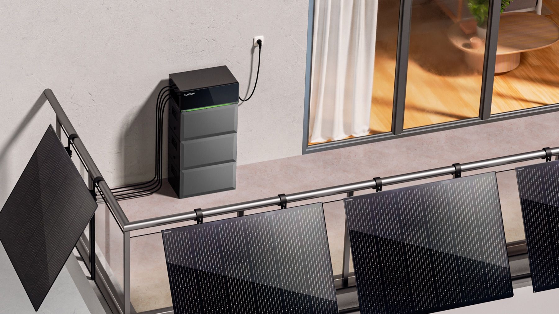 Sunpura S2400 on a balcony with flexible solar panels on the railing