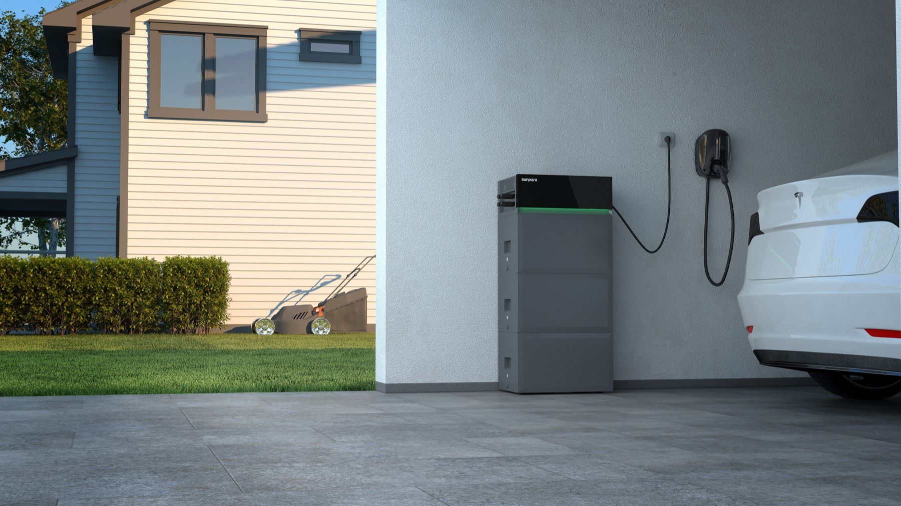 Sunpura S2400 in a carport next to an EV charger
