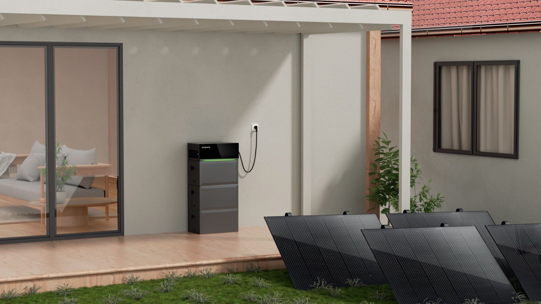Sunpura S2400 under a covered patio with panels in the garden
